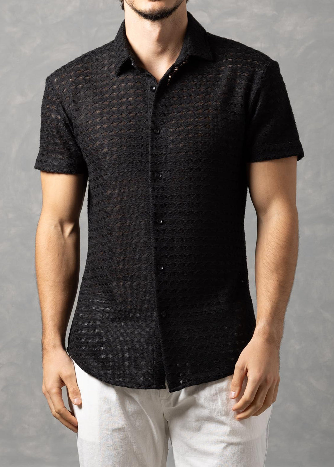 Open-Knit Diamond Button-Up Short Sleeve Shirt