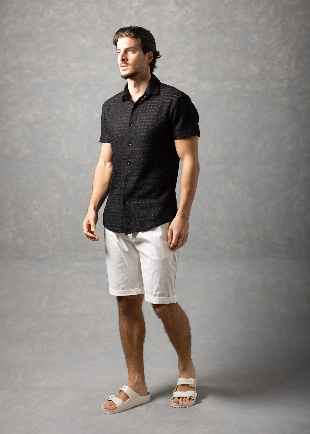 Open-Knit Diamond Button-Up Short Sleeve Shirt