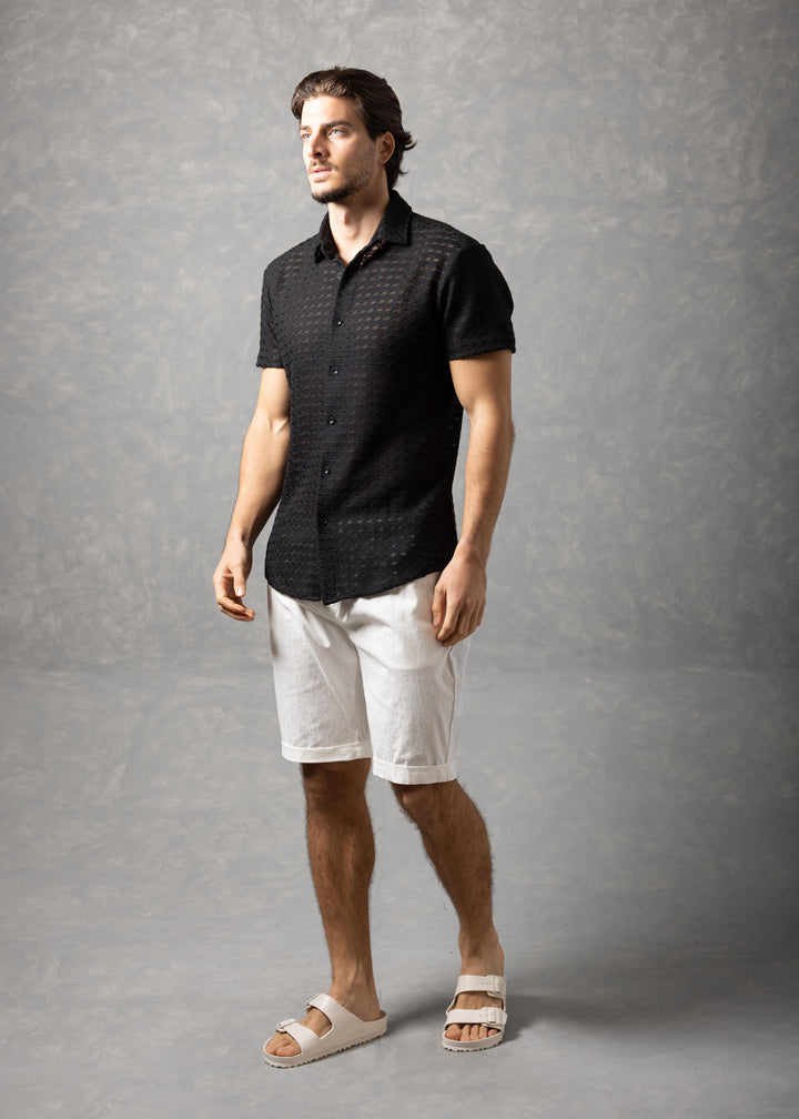 Open-Knit Diamond Button-Up Short Sleeve Shirt