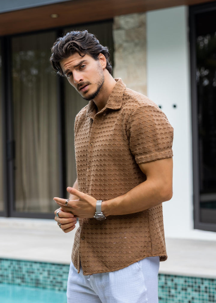 Avenza Open-Knit Diamond Button-Up Short Sleeve Shirt