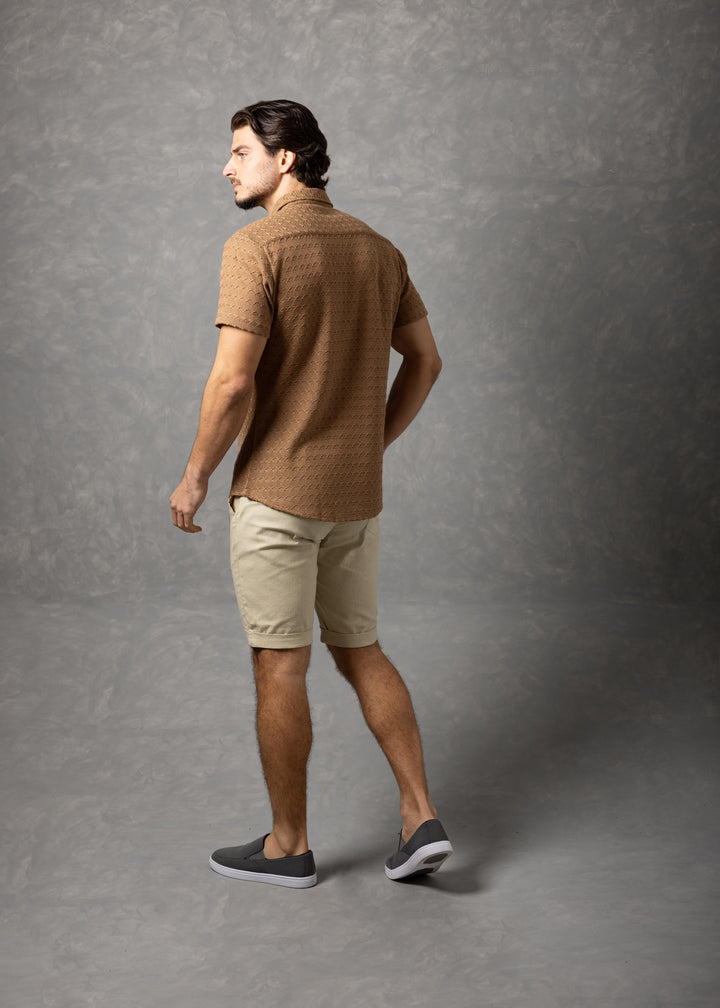 Open-Knit Diamond Button-Up Short Sleeve Shirt