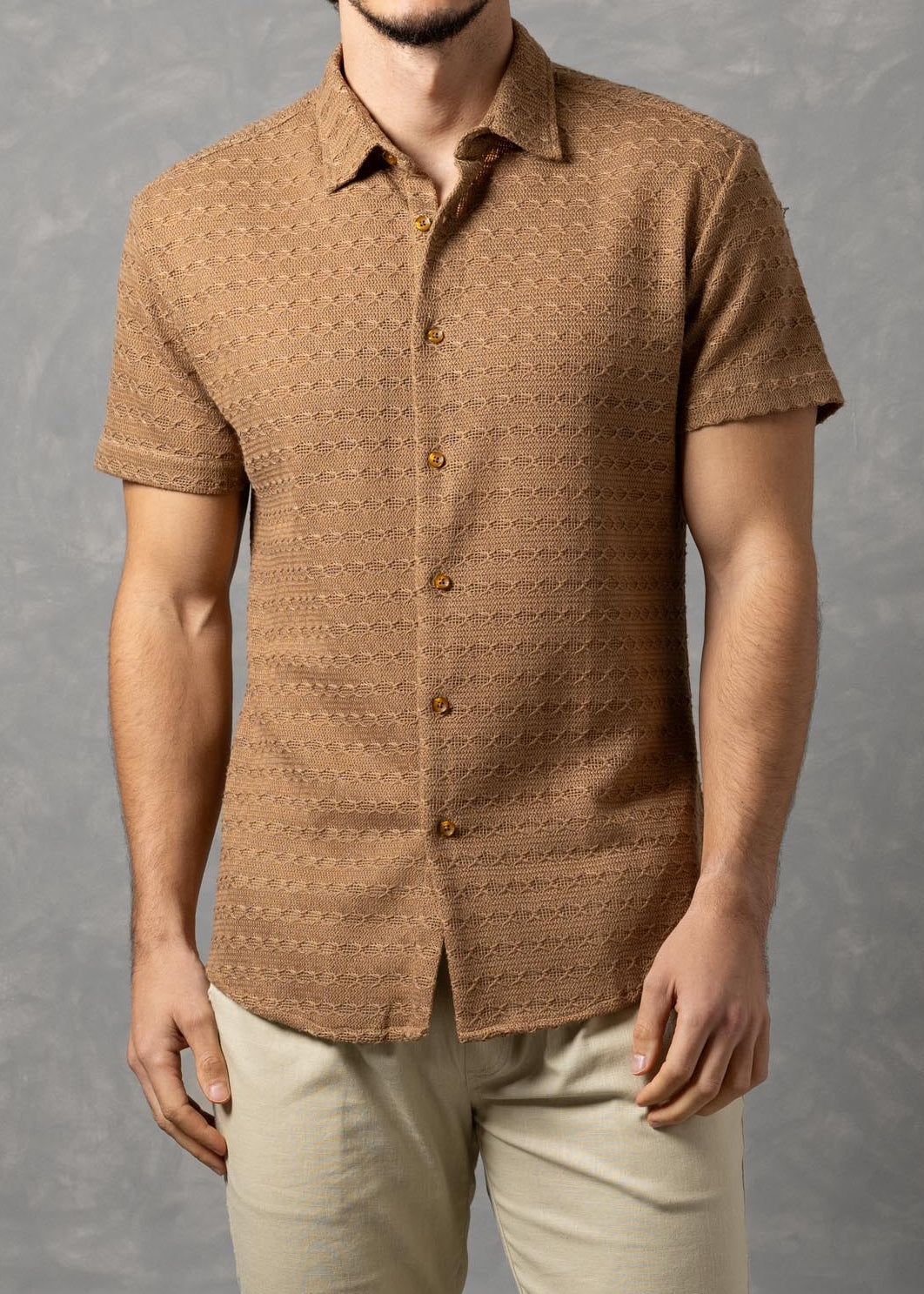 Open-Knit Diamond Button-Up Short Sleeve Shirt