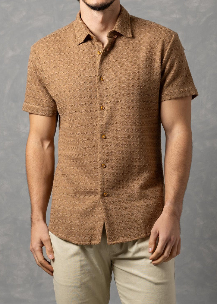 Open-Knit Diamond Button-Up Short Sleeve Shirt