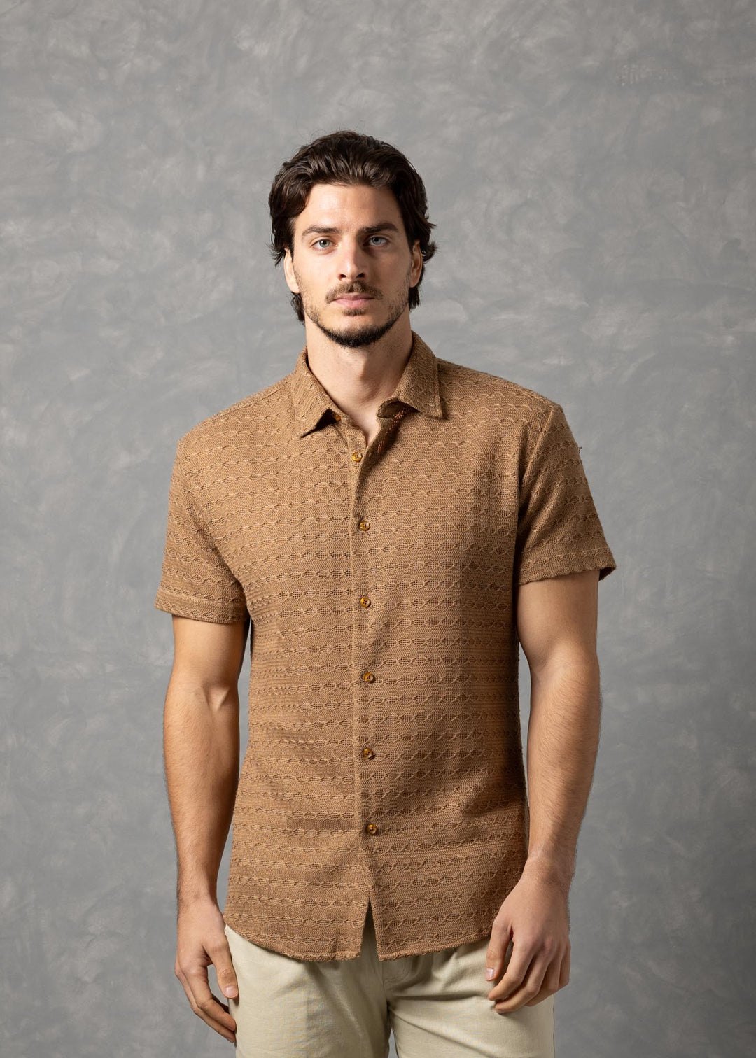 Open-Knit Diamond Button-Up Short Sleeve Shirt