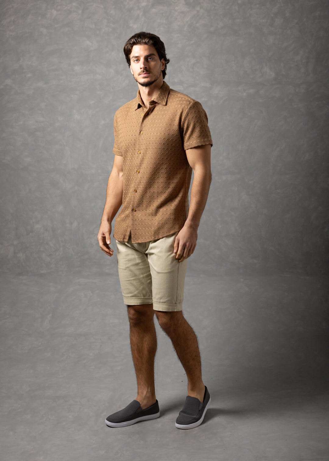 Open-Knit Diamond Button-Up Short Sleeve Shirt