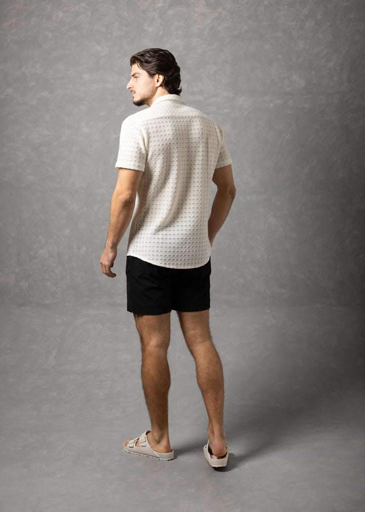 Open-Knit Diamond Button-Up Short Sleeve Shirt