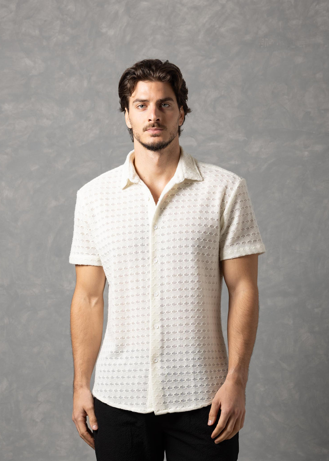 Open-Knit Diamond Button-Up Short Sleeve Shirt