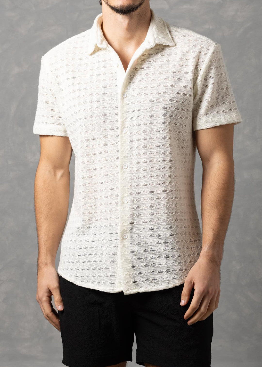 Open-Knit Diamond Button-Up Short Sleeve Shirt