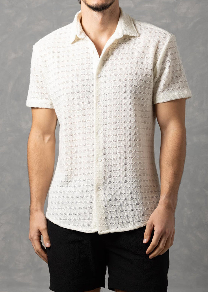 Open-Knit Diamond Button-Up Short Sleeve Shirt