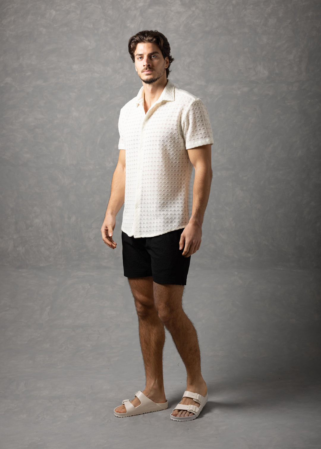 Open-Knit Diamond Button-Up Short Sleeve Shirt