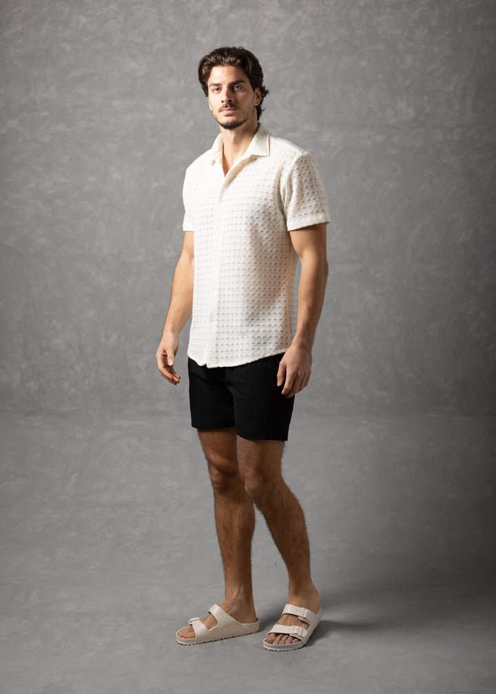 Open-Knit Diamond Button-Up Short Sleeve Shirt