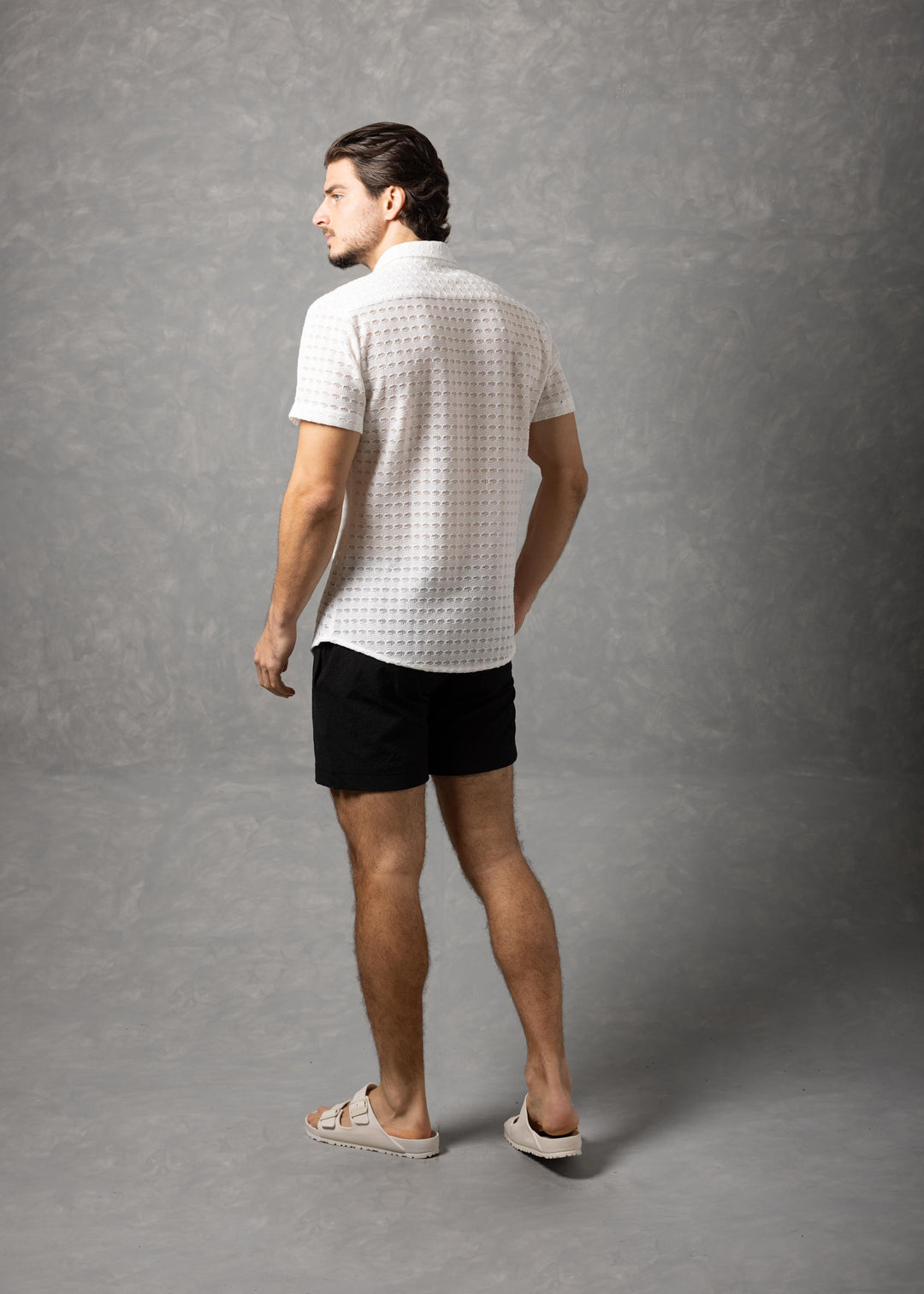 Open-Knit Diamond Button-Up Short Sleeve Shirt