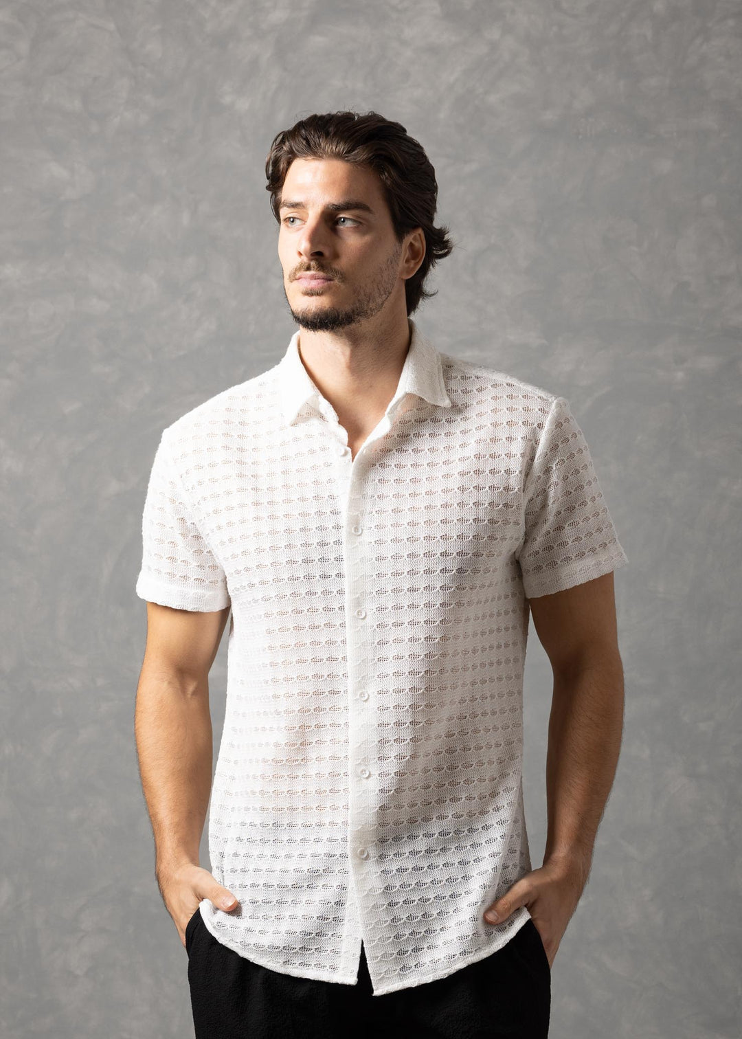 Open-Knit Diamond Button-Up Short Sleeve Shirt