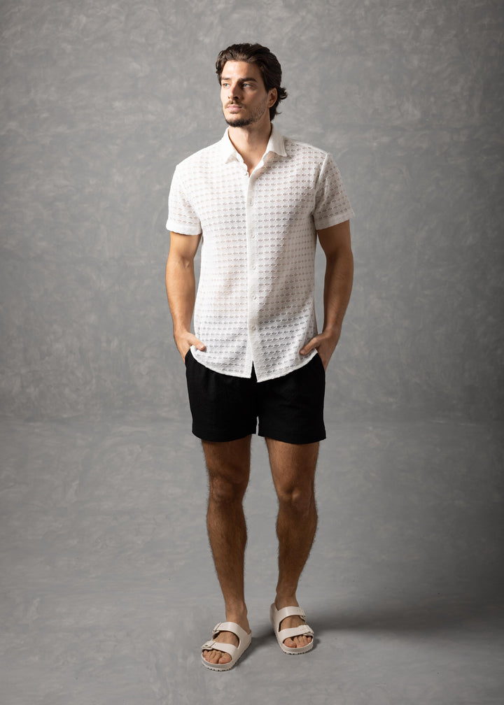 Open-Knit Diamond Button-Up Short Sleeve Shirt