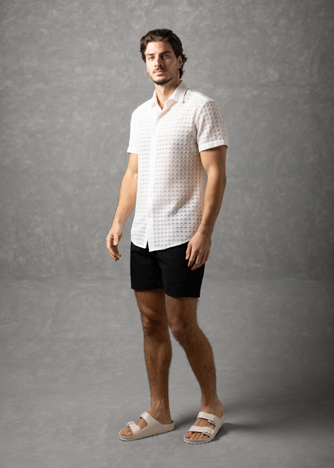 Open-Knit Diamond Button-Up Short Sleeve Shirt