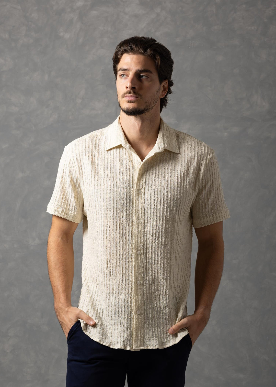 Crinkle Textured Short Sleeve Button-Up Shirt