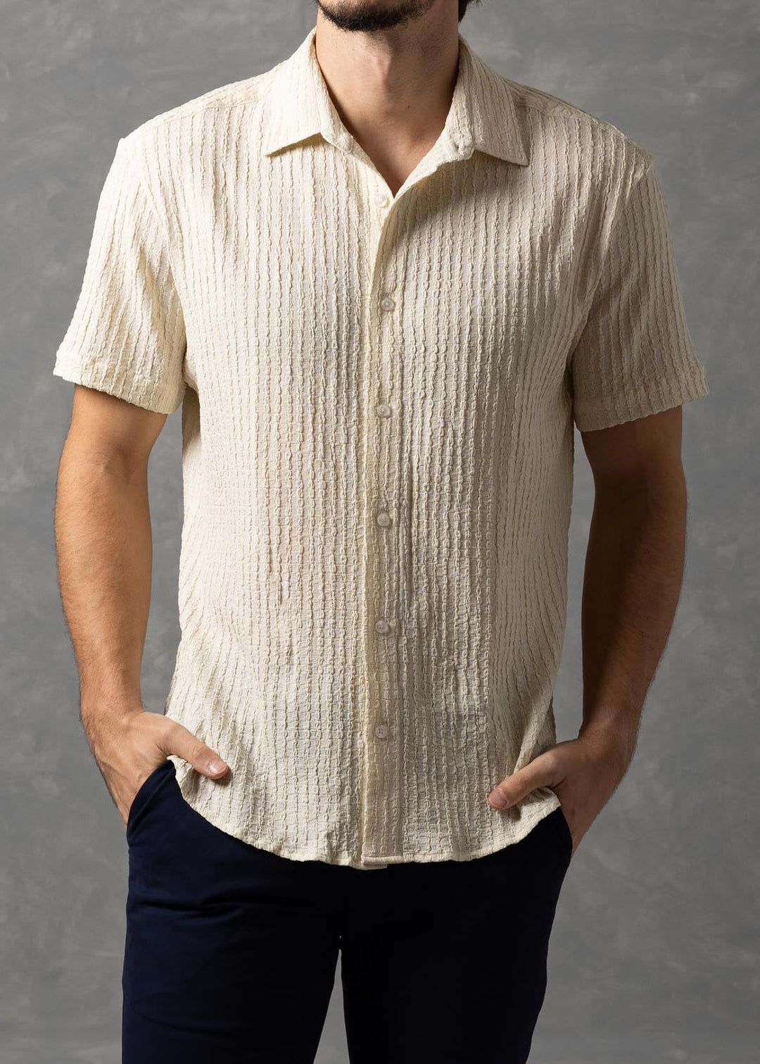Crinkle Textured Short Sleeve Button-Up Shirt