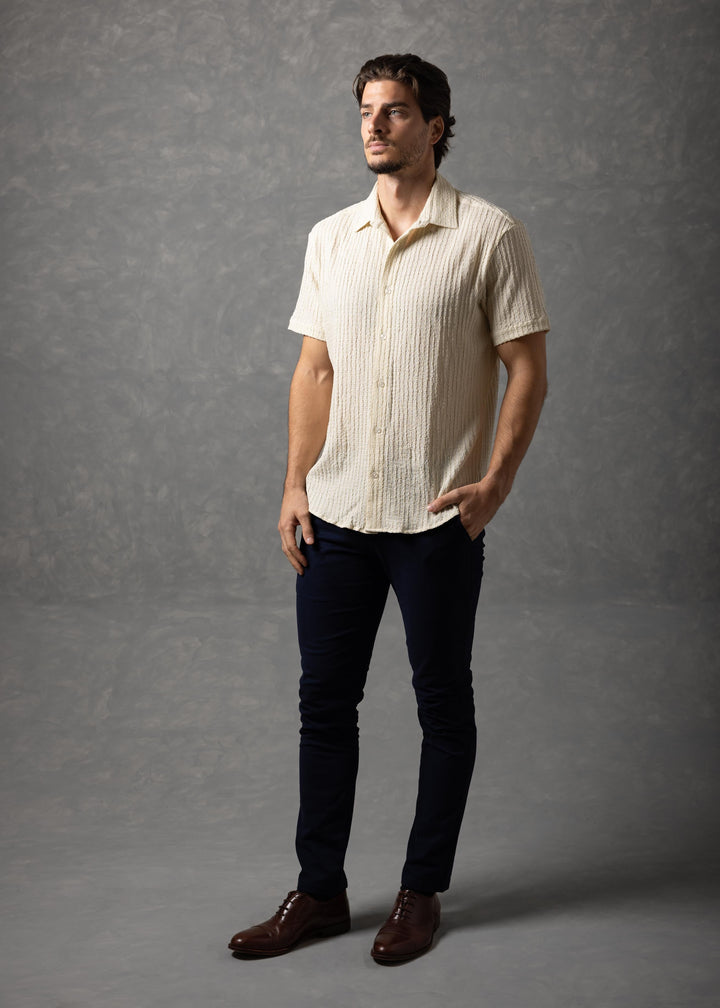Crinkle Textured Short Sleeve Button-Up Shirt
