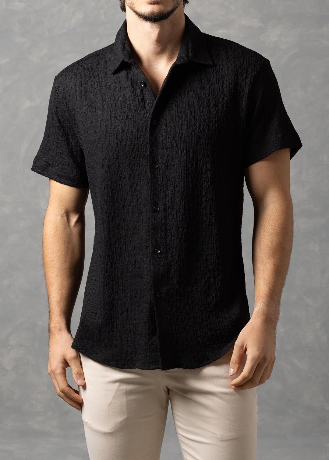 Crinkle Textured Short Sleeve Button-Up Shirt