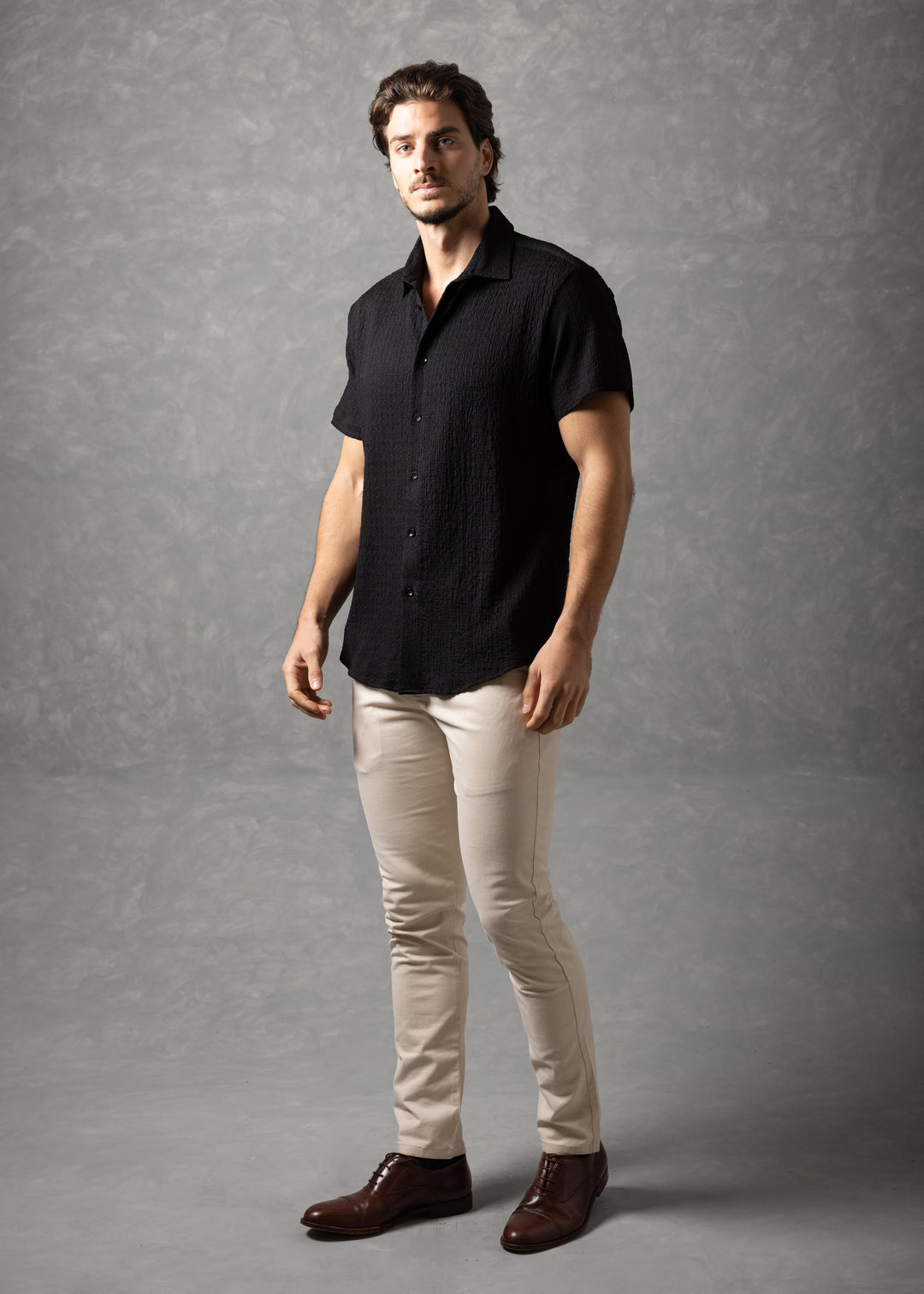 Crinkle Textured Short Sleeve Button-Up Shirt