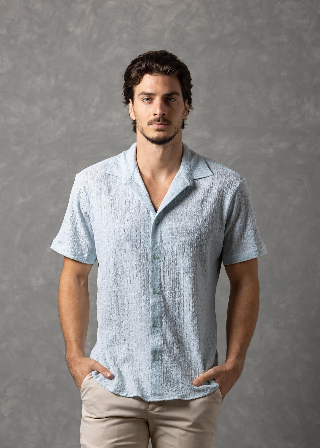 Crinkle Textured Short Sleeve Button-Up Shirt