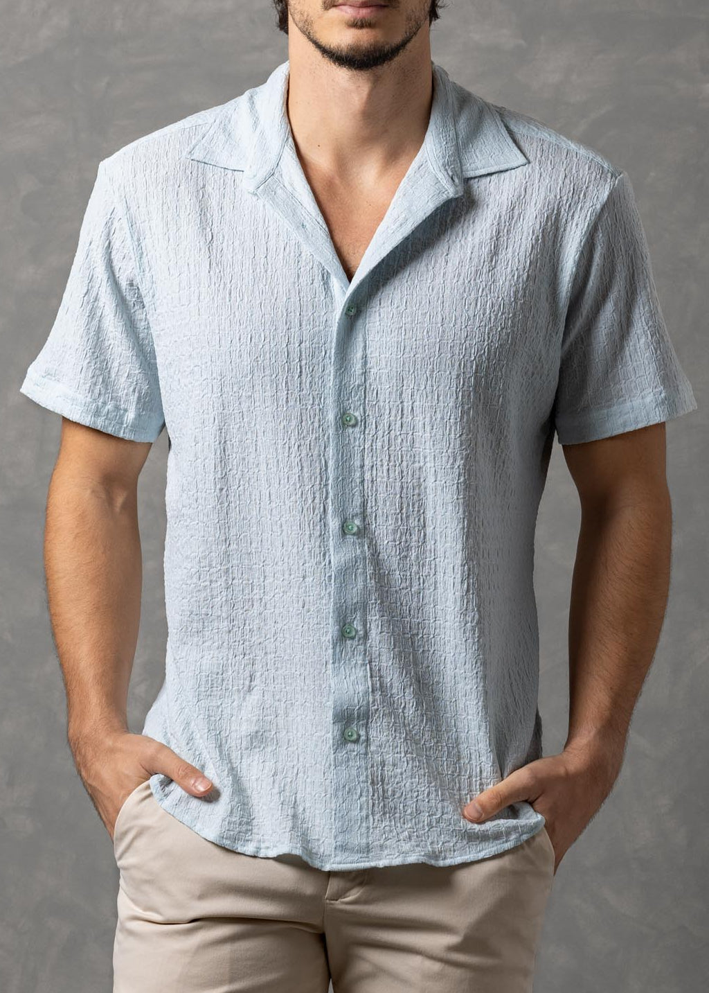 Crinkle Textured Short Sleeve Button-Up Shirt
