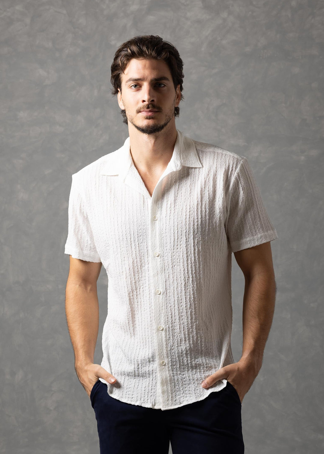 Crinkle Textured Short Sleeve Button-Up Shirt