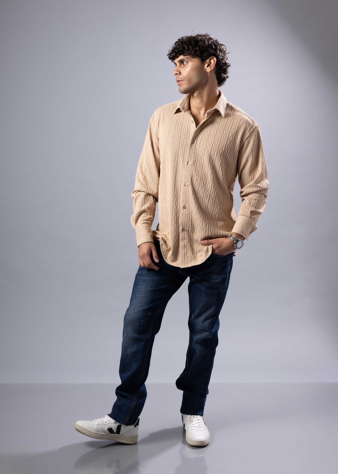 'Elio' Textured Cable-Knit Button-Up Shirt