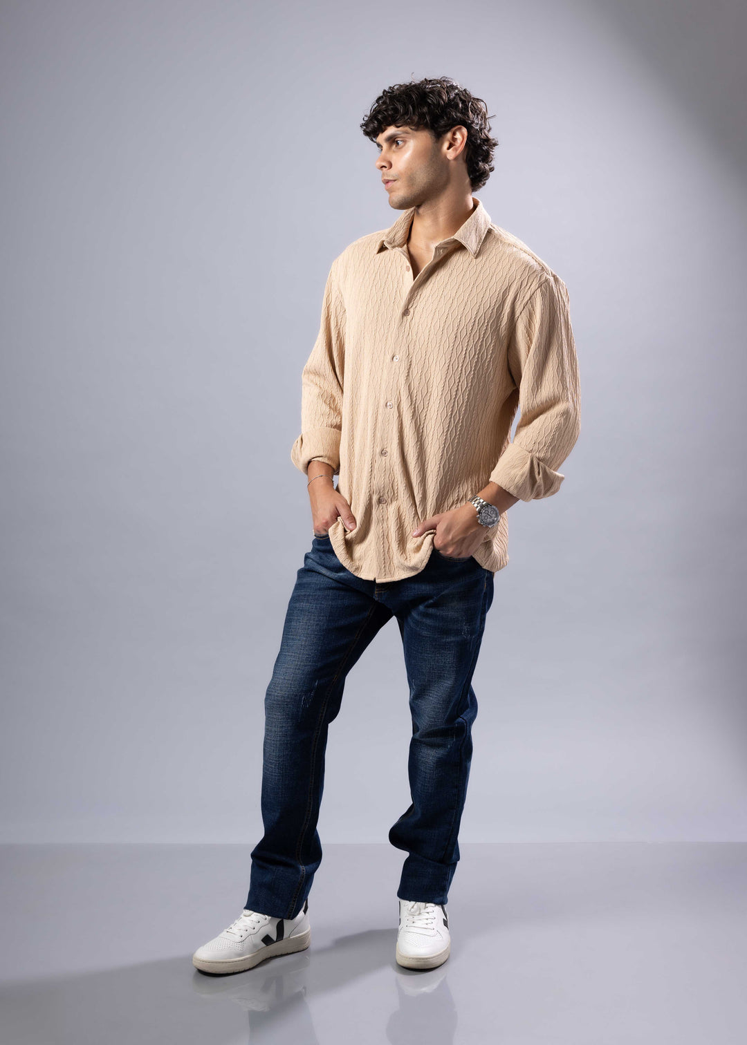 'Elio' Textured Cable-Knit Button-Up Shirt