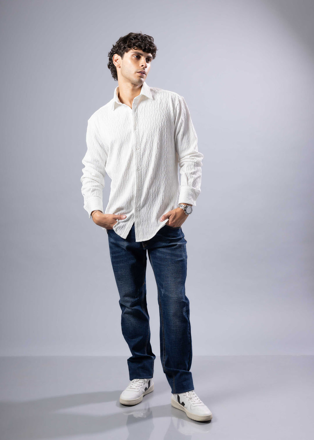 'Elio' Textured Cable-Knit Button-Up Shirt