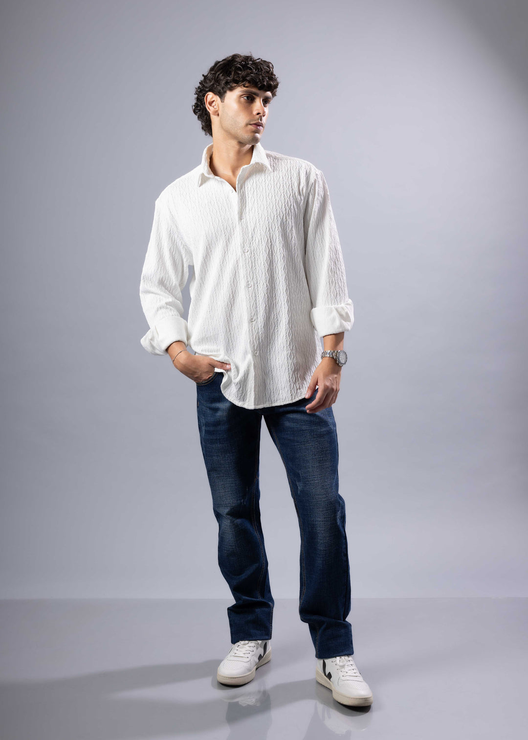 'Elio' Textured Cable-Knit Button-Up Shirt