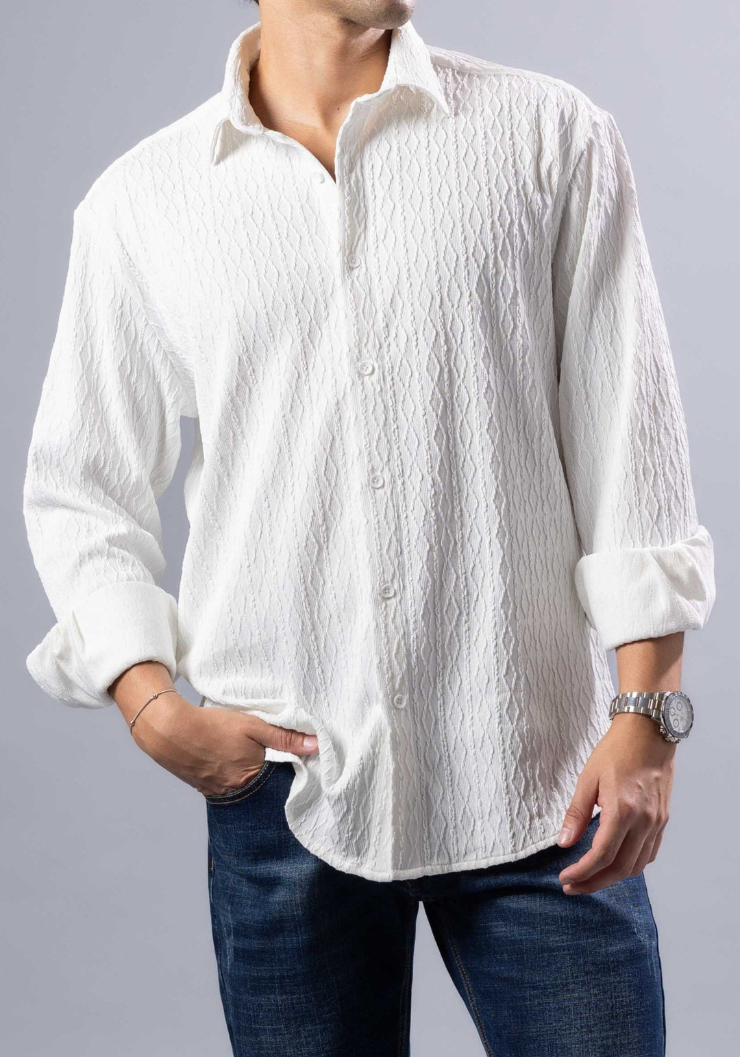 'Elio' Textured Cable-Knit Button-Up Shirt