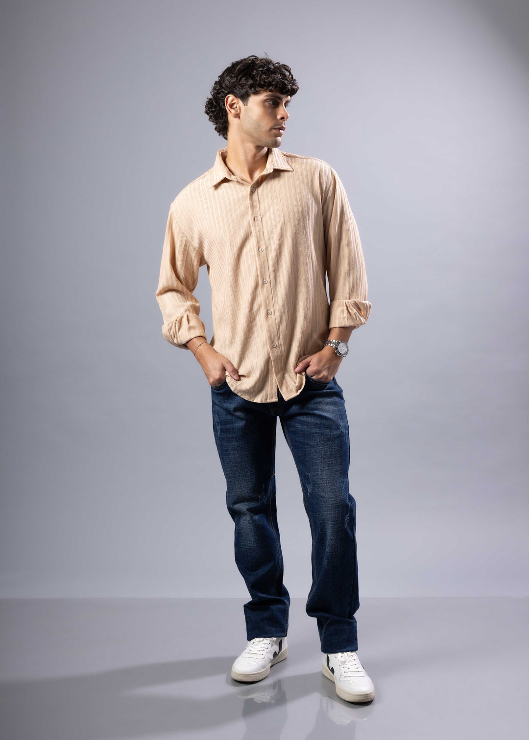 Textured Vertical Stripe Button-Up Shirt