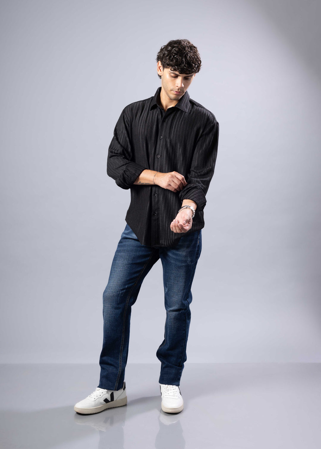 Textured Vertical Stripe Button-Up Shirt