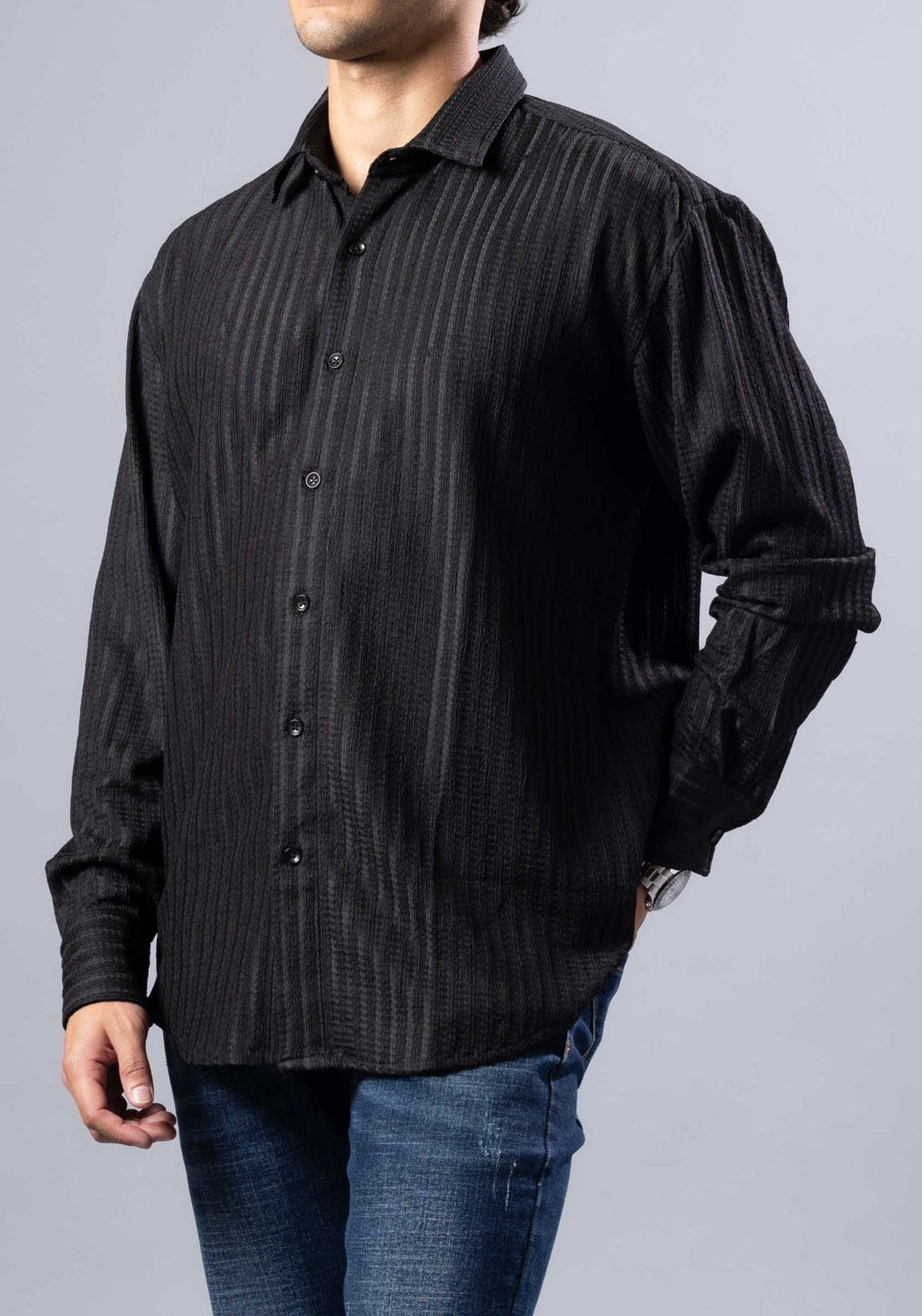 black striped dress shirt Men's Black Stripe Cotton-Silk Shirt
