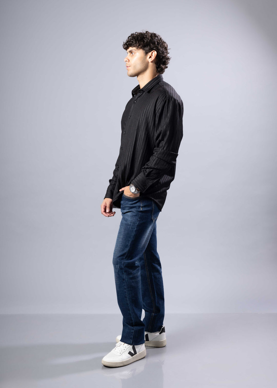 Textured Vertical Stripe Button-Up Shirt