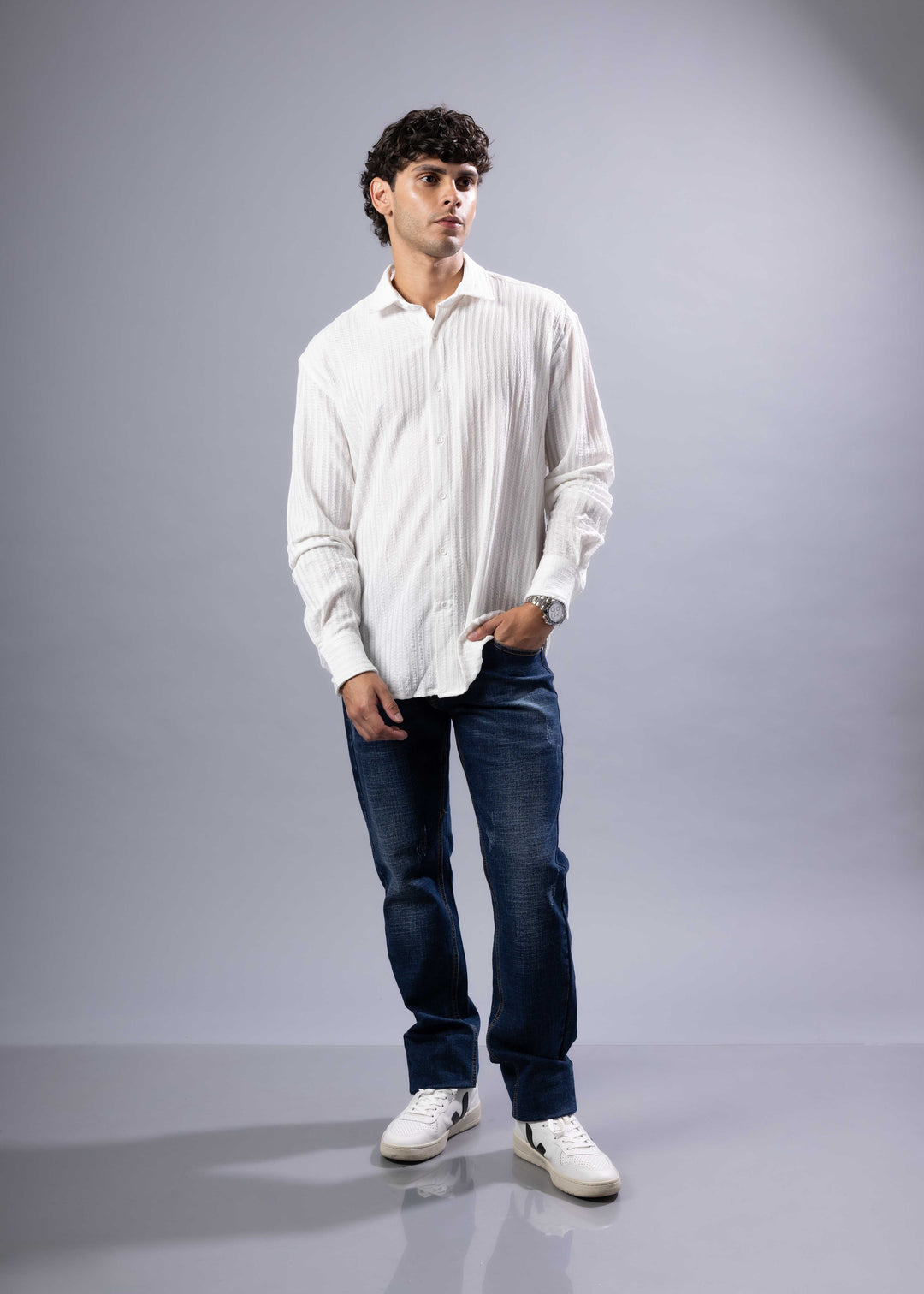 Textured Vertical Stripe Button-Up Shirt