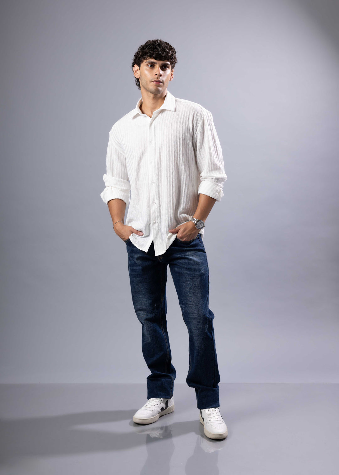 Textured Vertical Stripe Button-Up Shirt