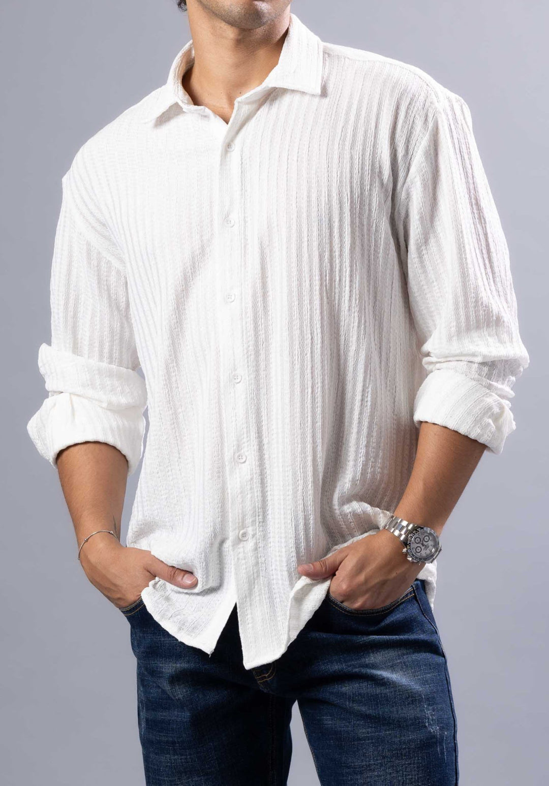 Textured Vertical Stripe Button-Up Shirt