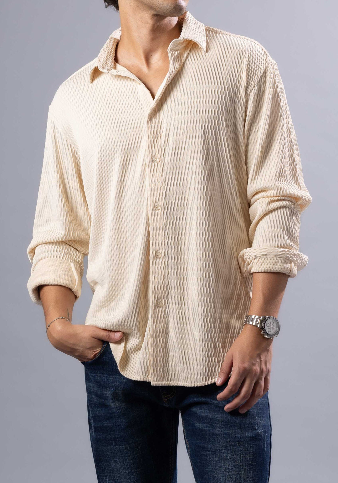The Rocco Textured Long Sleeve Shirt Casual Luxe Menswear BEIGE / 3X The Rocco Textured Long Sleeve Shirt Casual Luxe Menswear BEIGE / 3X