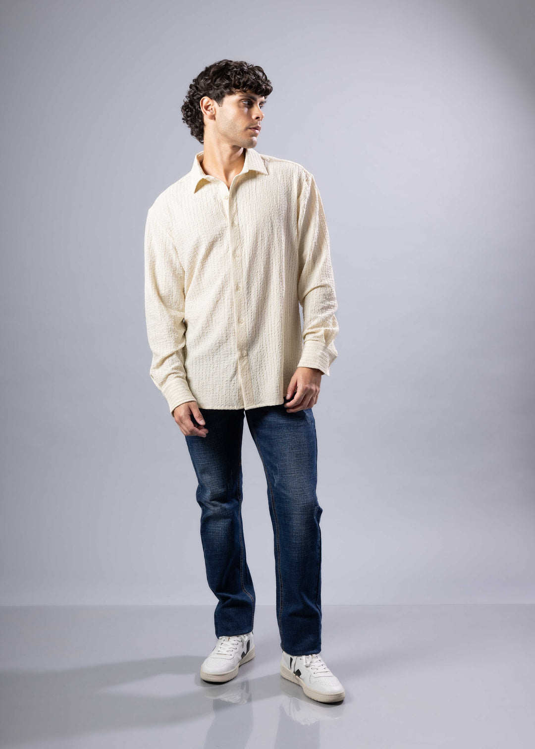 Textured Long Sleeve Button-Up Shirt – Casual & Refined White / XL
