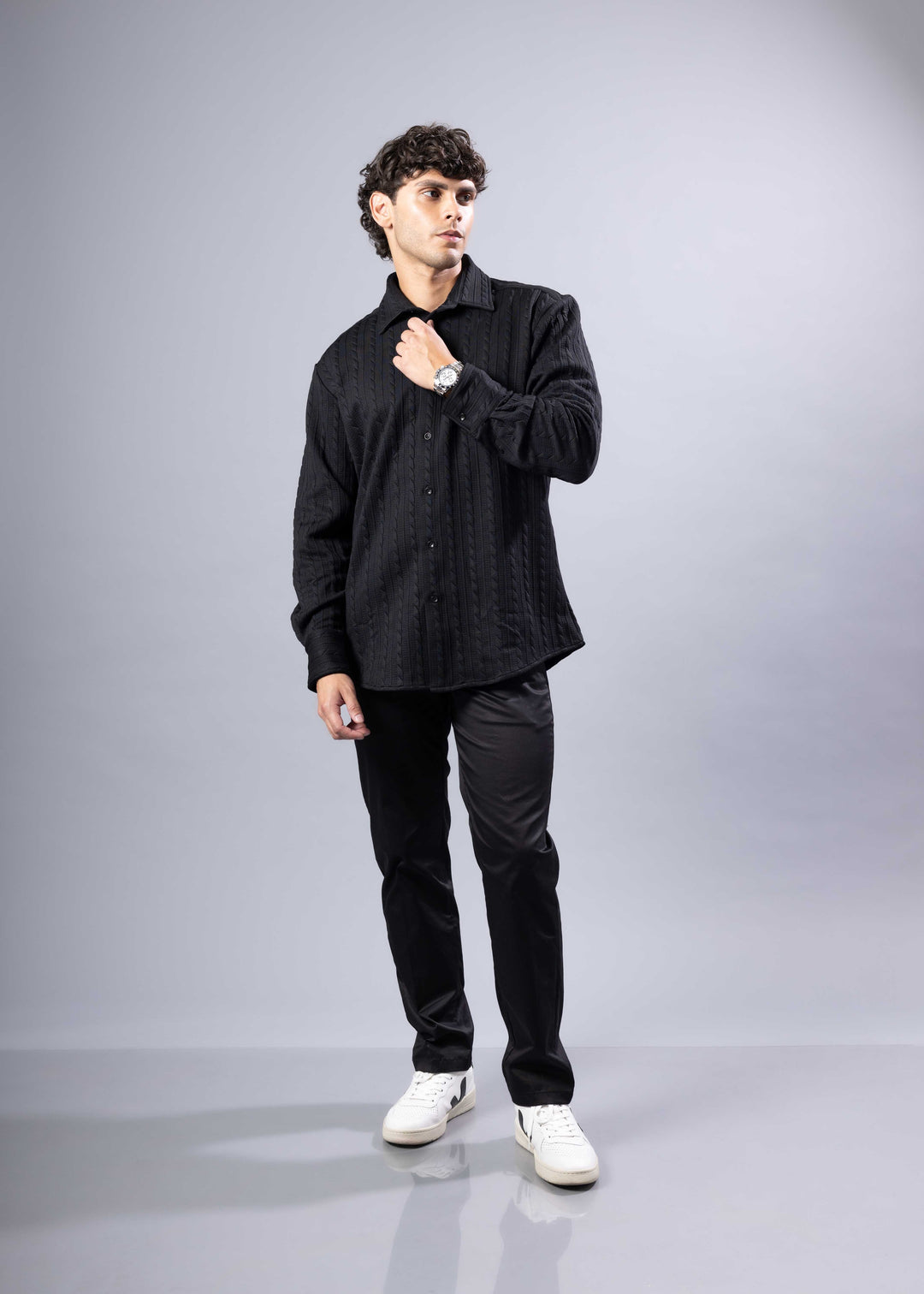 Ribbed Stripe Weave Textured Button-Up Long Sleeve Shirt – Modern Fit