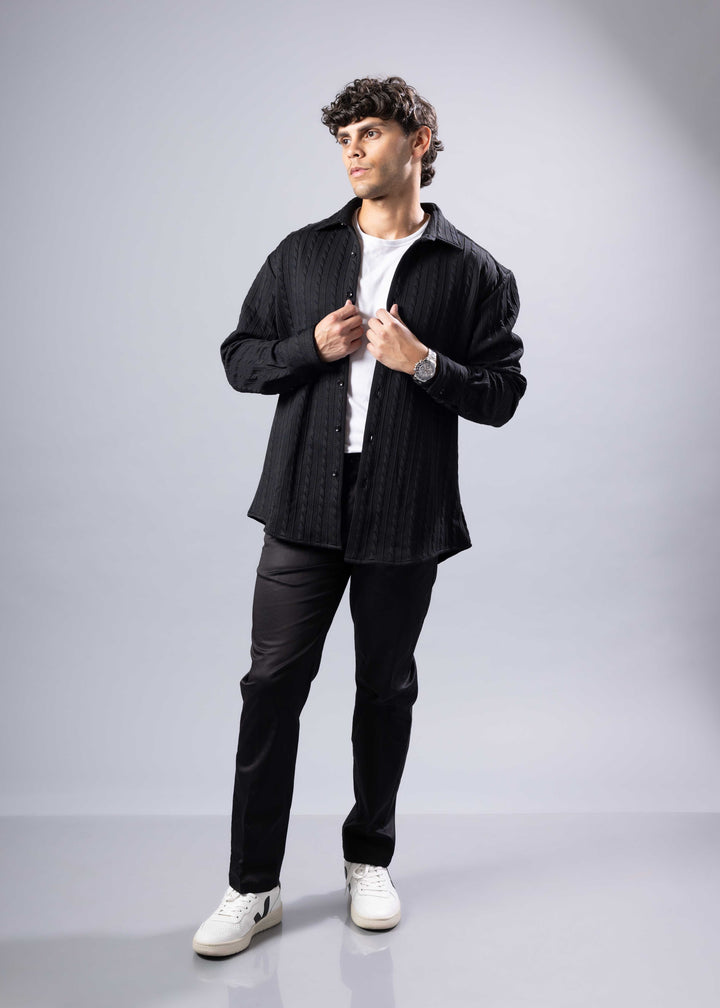 Ribbed Stripe Weave Textured Button-Up Long Sleeve Shirt – Modern Fit