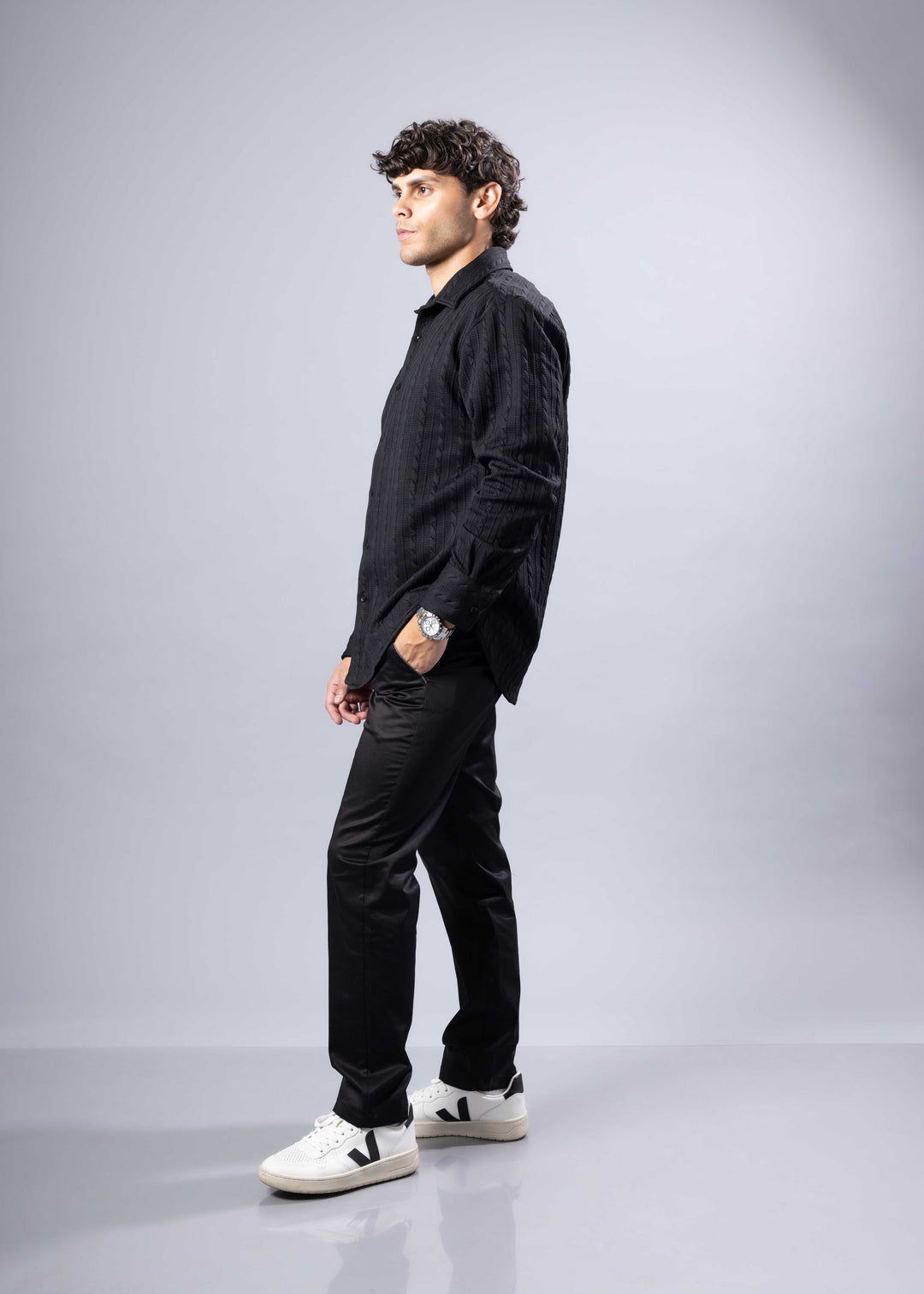 Ribbed Stripe Weave Textured Button-Up Long Sleeve Shirt – Modern Fit