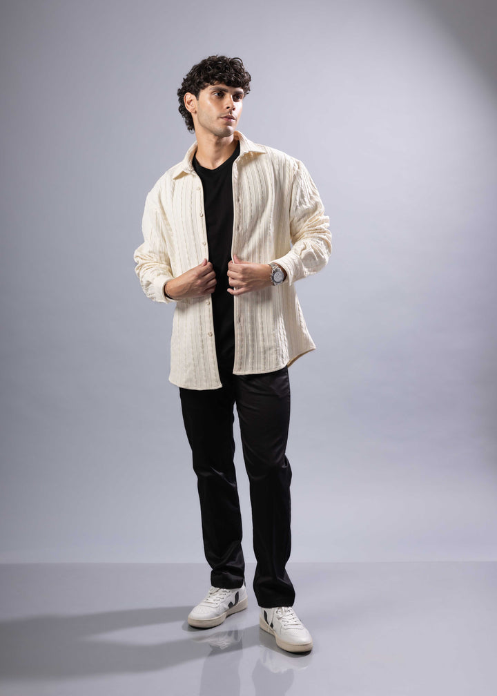 Ribbed Stripe Weave Textured Button-Up Long Sleeve Shirt – Modern Fit