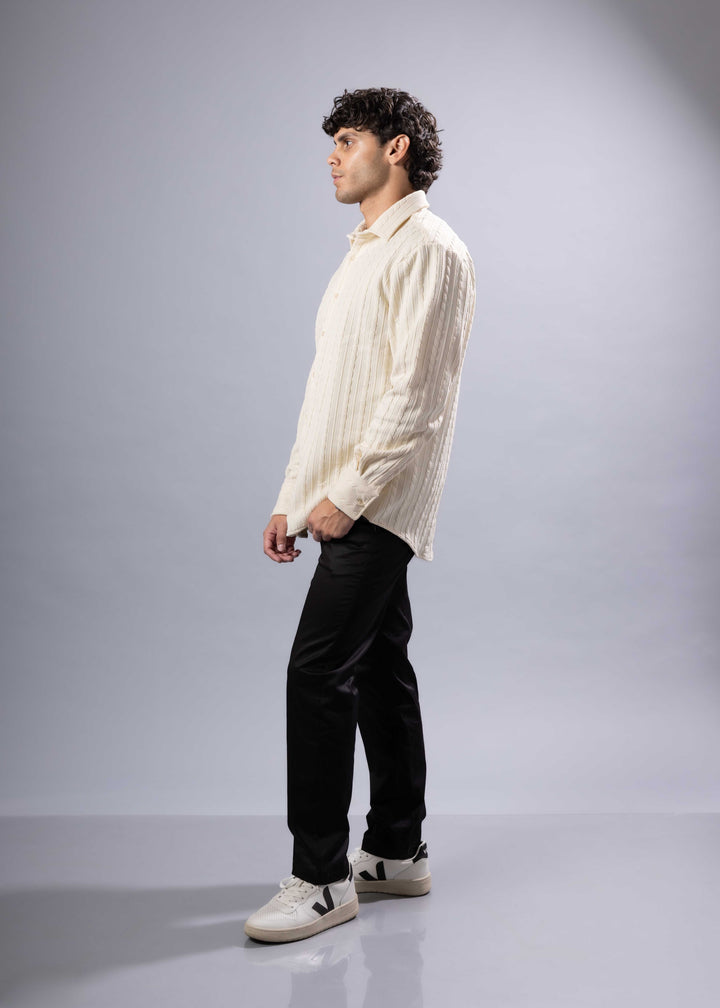 Ribbed Stripe Weave Textured Button-Up Long Sleeve Shirt – Modern Fit