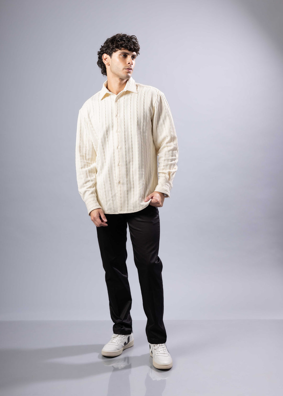 Ribbed Stripe Weave Textured Button-Up Long Sleeve Shirt – Modern Fit