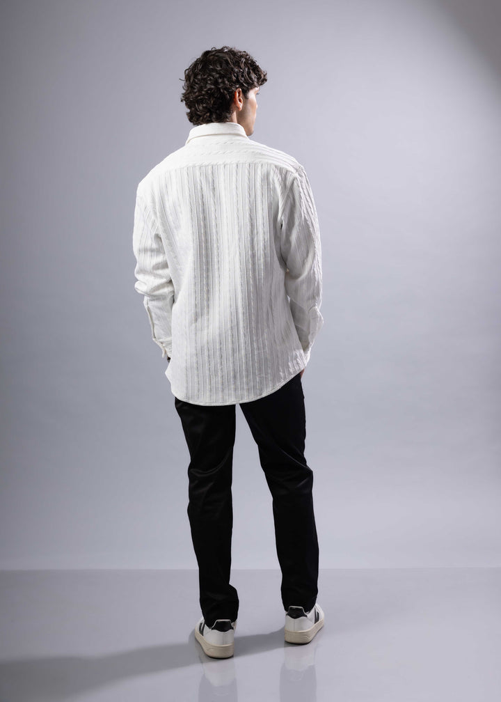 Ribbed Stripe Weave Textured Button-Up Long Sleeve Shirt – Modern Fit