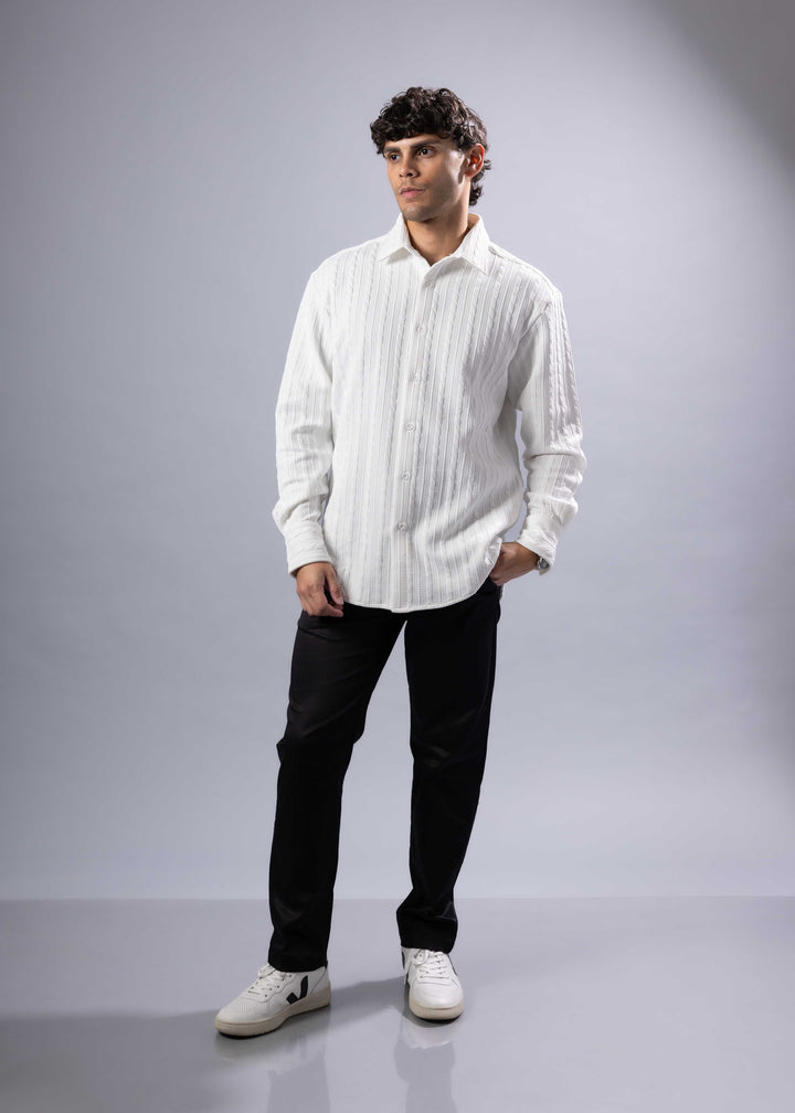 Ribbed Stripe Weave Textured Button-Up Long Sleeve Shirt – Modern Fit