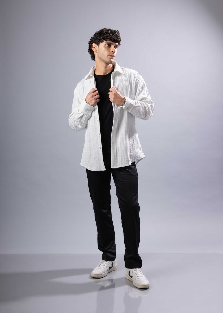 Ribbed Stripe Weave Textured Button-Up Long Sleeve Shirt – Modern Fit